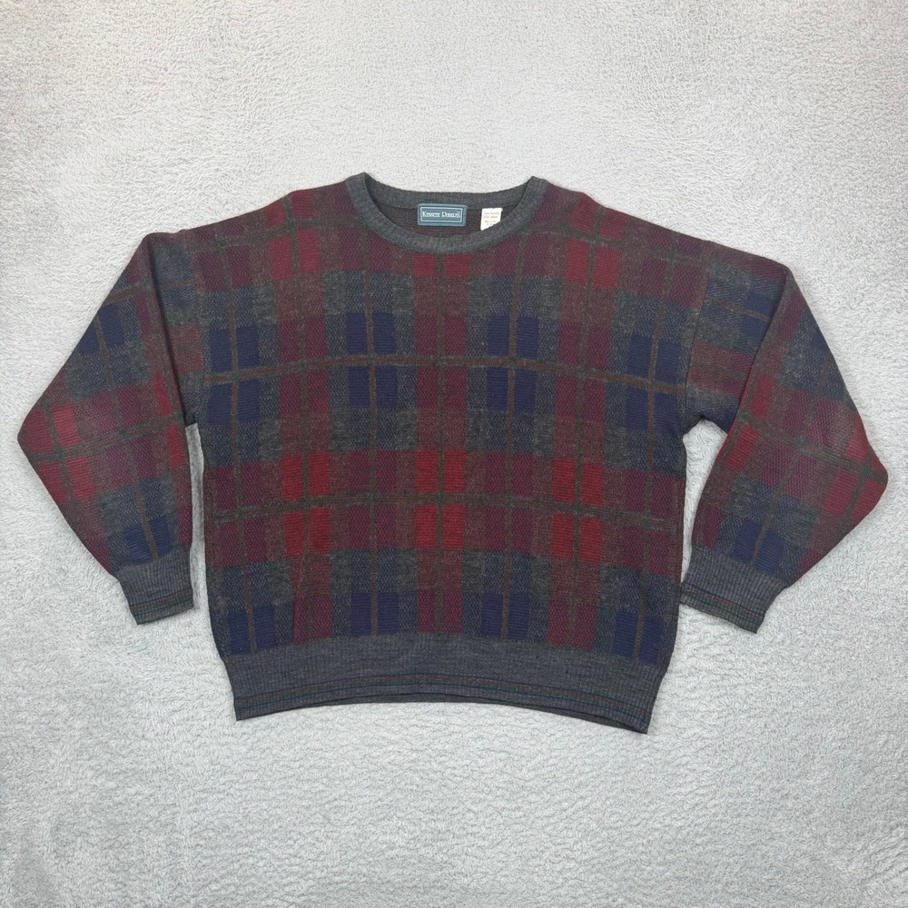 Kenneth Roberts Vintage Plaid Wool Blend Sweater Mens Large Grey Red Blue Italy